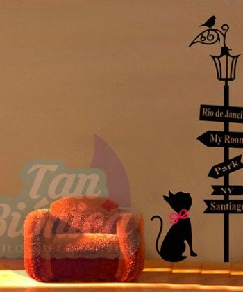 Farol con letrero de ciudades con gatito sticker vinilo adhesivo, empavonados y fotomurales