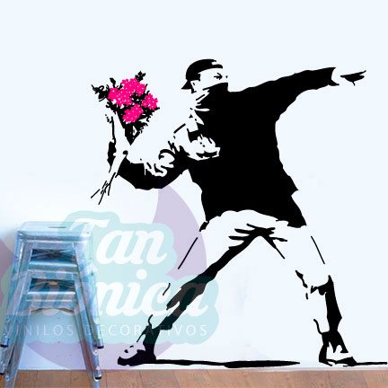 URBANO37 Activista lanzando flores, Banksy, graffiti, vinilo decorativo, esténcil, sticker empavonado y fotomurales
