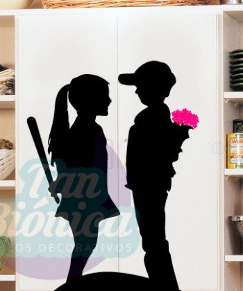 Niño con flores y niña con bate, graffiti, sticker vinilo decorativo, adhesivo para decoración de hogares
