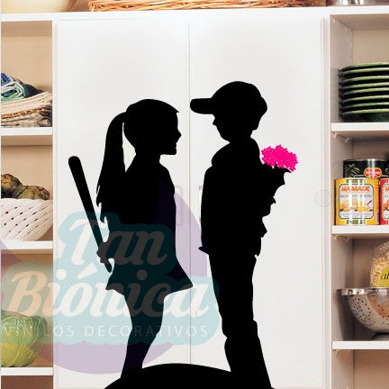 URBANO41 Niño con flores y niña con bate, graffiti, sticker vinilo decorativo, adhesivo para decoración de hogares