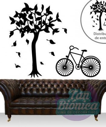 Vinilo decorativo de árbol otoñal con bicicleta