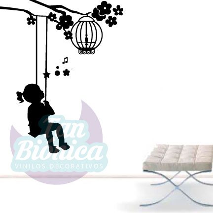 flora60 Niña en columpio, jaula, pájaro adhesivo vinilo decorativo, sticker, empavonado y fotomurales